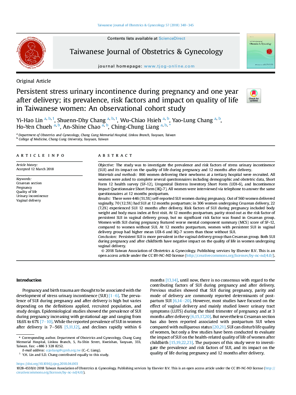 Persistent stress urinary incontinence during pregnancy and one year after delivery; its prevalence, risk factors and impact on quality of life in Taiwanese women: An observational cohort study