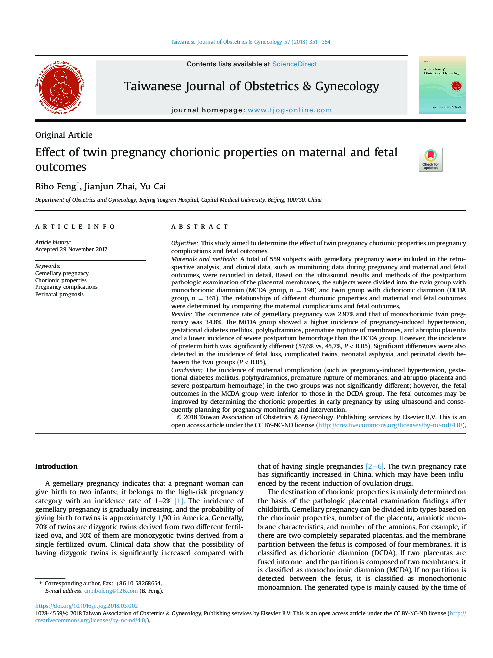 Effect of twin pregnancy chorionic properties on maternal and fetal outcomes