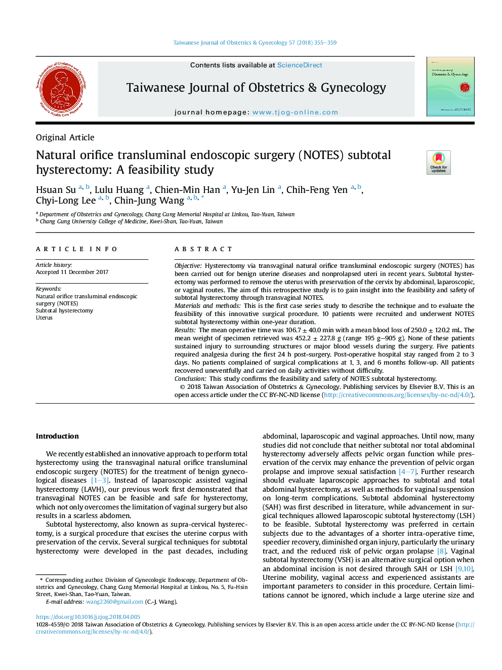 Natural orifice transluminal endoscopic surgery (NOTES) subtotal hysterectomy: A feasibility study