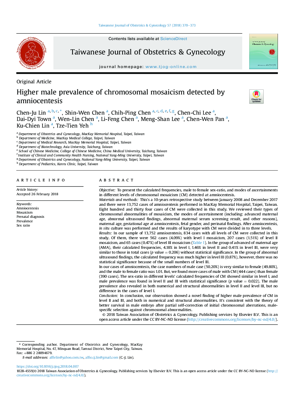 Higher male prevalence of chromosomal mosaicism detected by amniocentesis