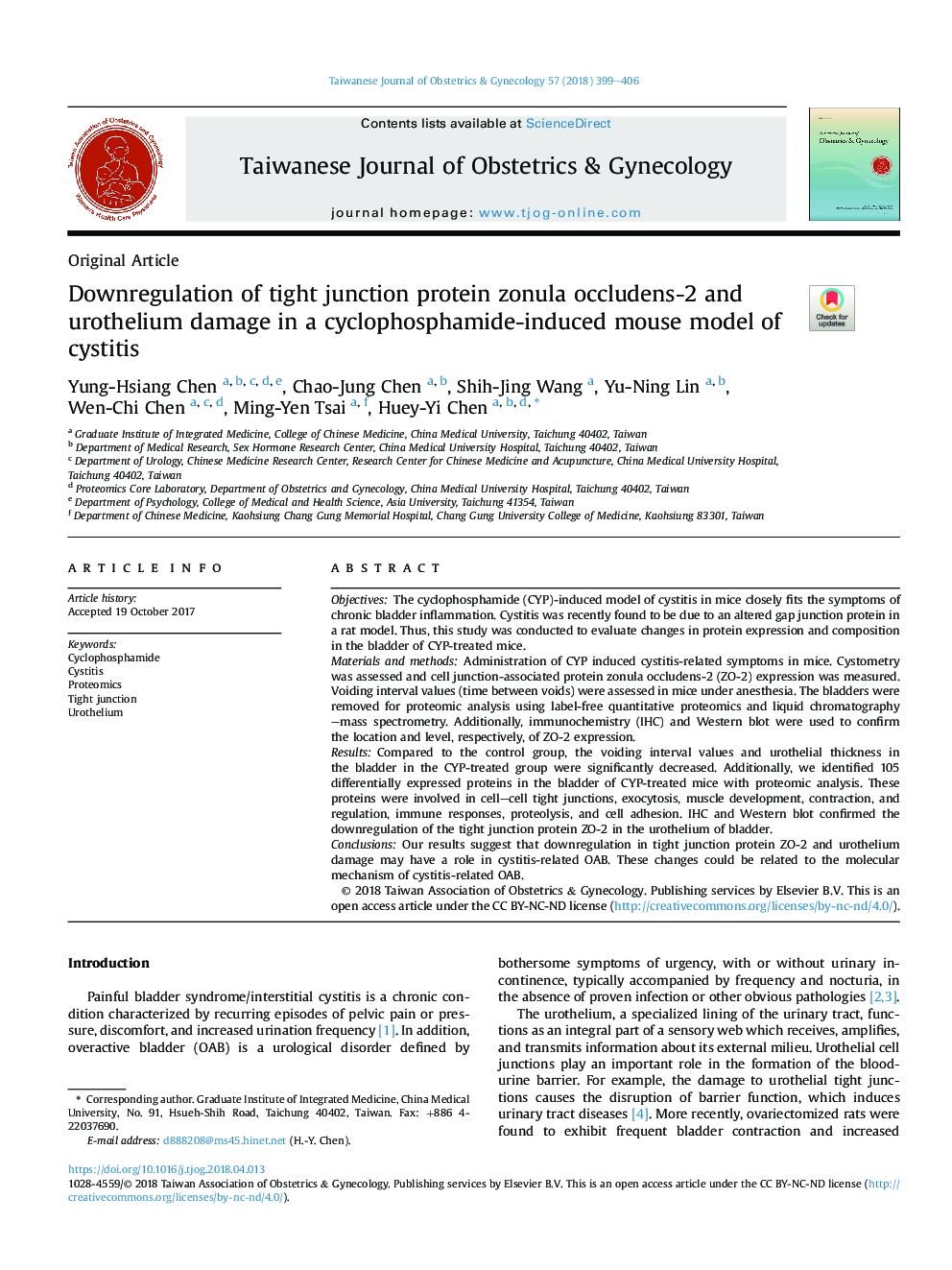 Downregulation of tight junction protein zonula occludens-2 and urothelium damage in a cyclophosphamide-induced mouse model of cystitis