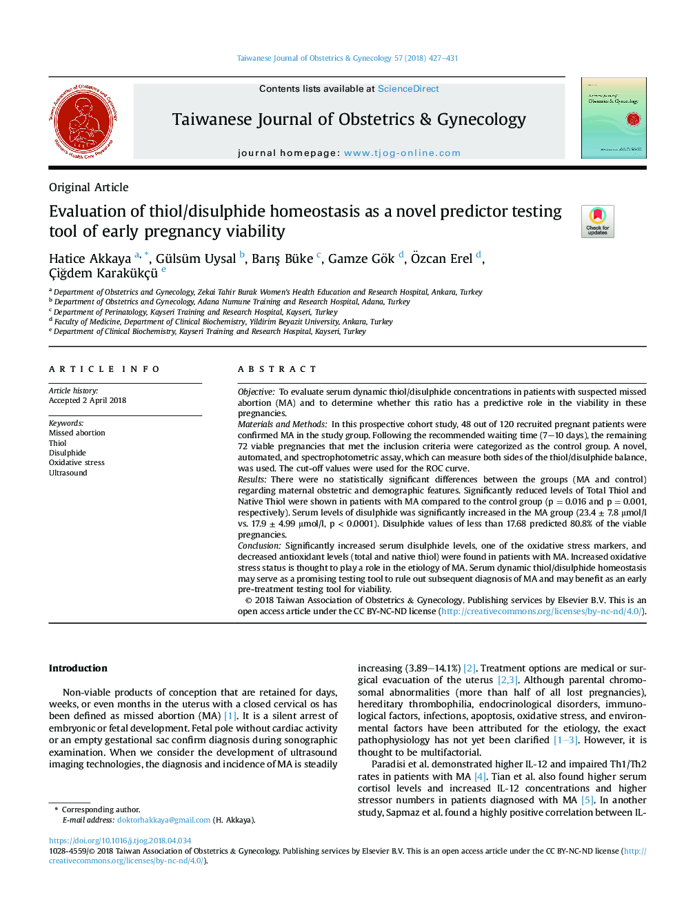 Evaluation of thiol/disulphide homeostasis as a novel predictor testing tool of early pregnancy viability