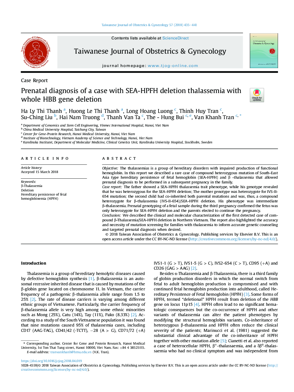 Prenatal diagnosis of a case with SEA-HPFH deletion thalassemia with whole HBB gene deletion