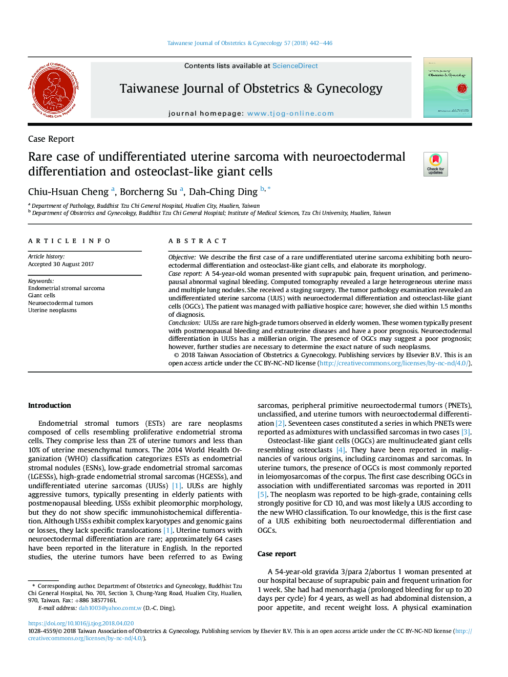 Rare case of undifferentiated uterine sarcoma with neuroectodermal differentiation and osteoclast-like giant cells