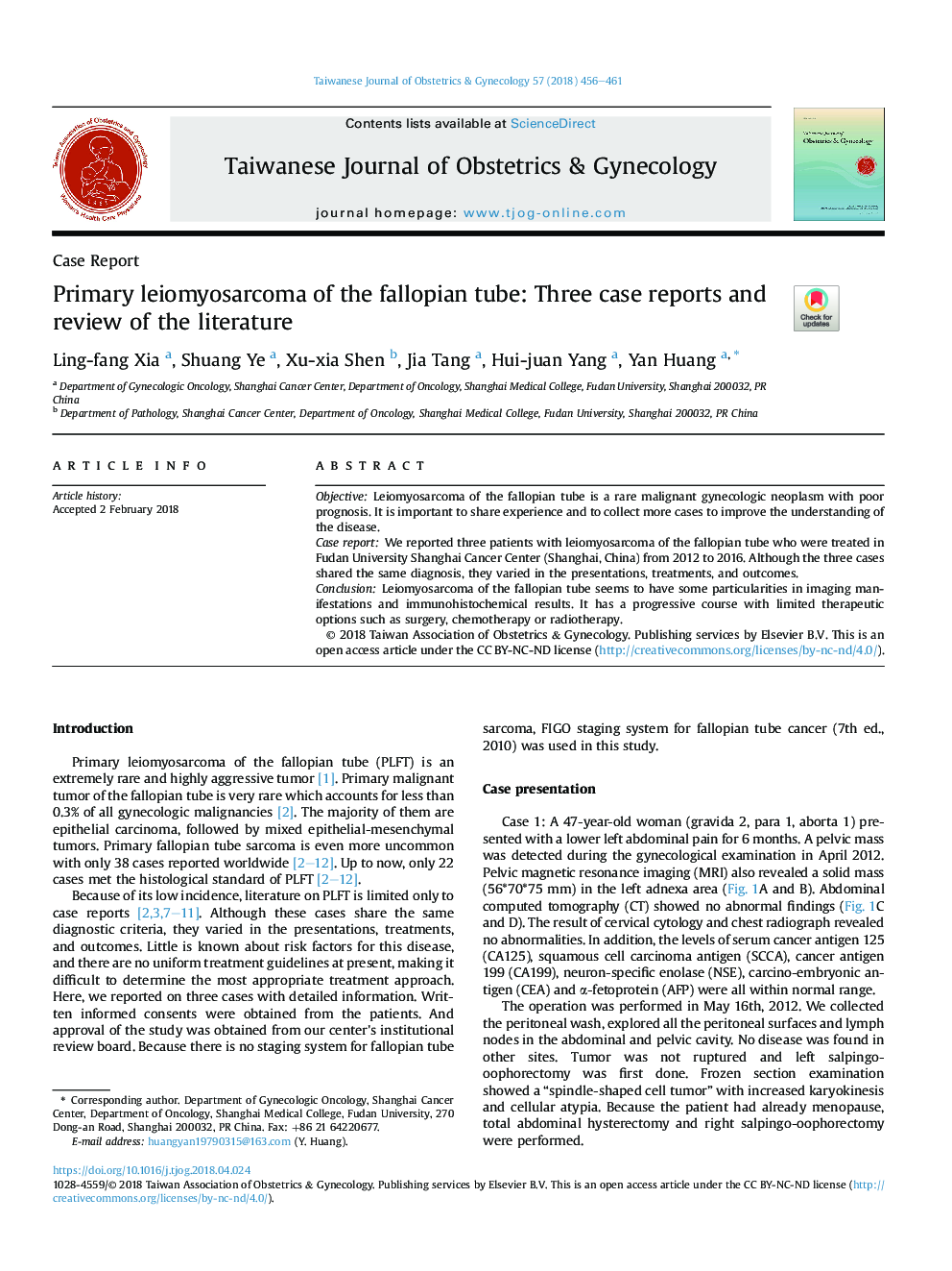 Primary leiomyosarcoma of the fallopian tube: Three case reports and review of the literature