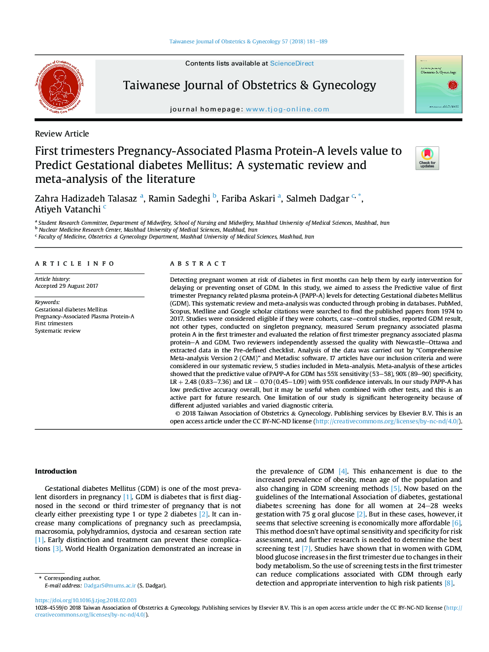 First trimesters Pregnancy-Associated Plasma Protein-A levels value to Predict Gestational diabetes Mellitus: A systematic review and meta-analysis of the literature