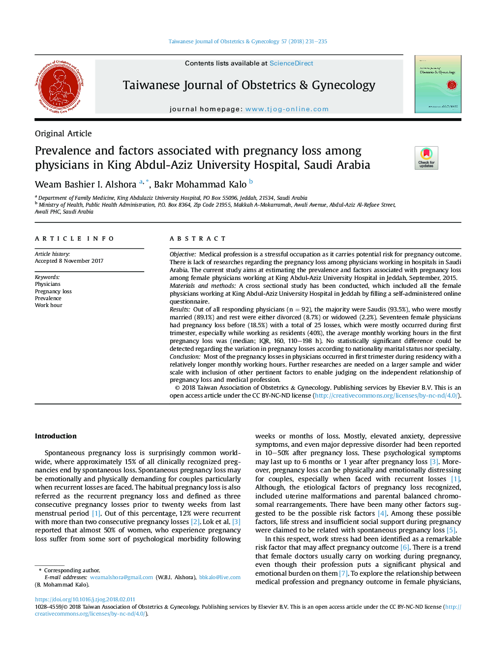 Prevalence and factors associated with pregnancy loss among physicians in King Abdul-Aziz University Hospital, Saudi Arabia