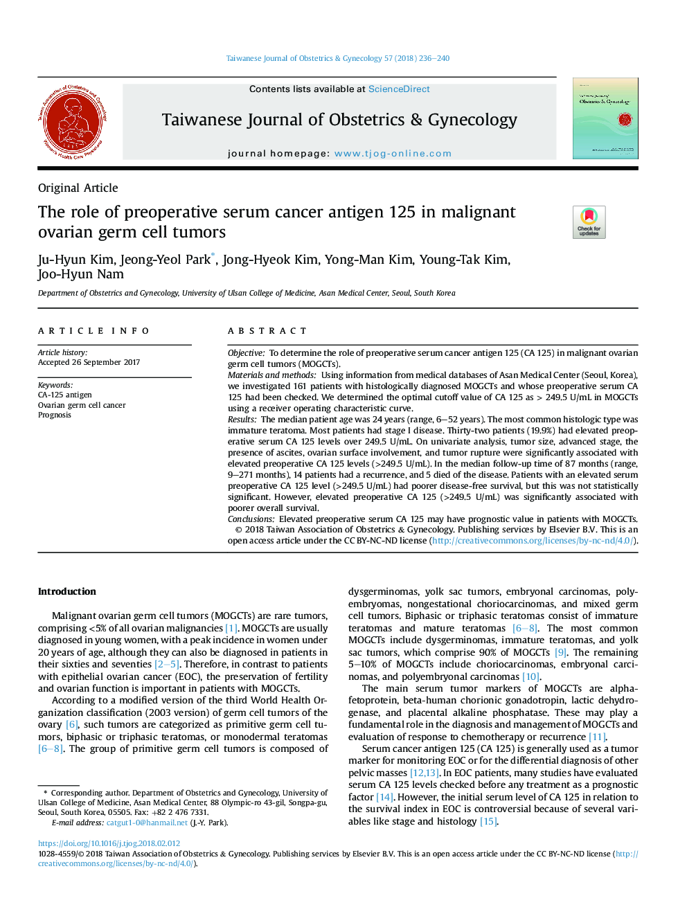 The role of preoperative serum cancer antigen 125 in malignant ovarian germ cell tumors