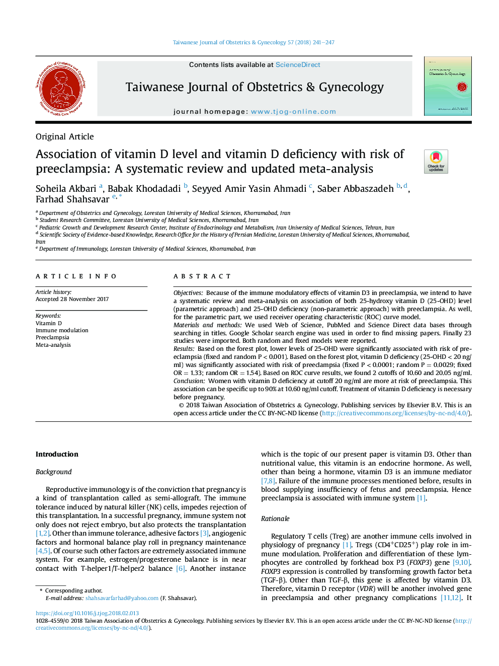 Association of vitamin D level and vitamin D deficiency with risk of preeclampsia: A systematic review and updated meta-analysis