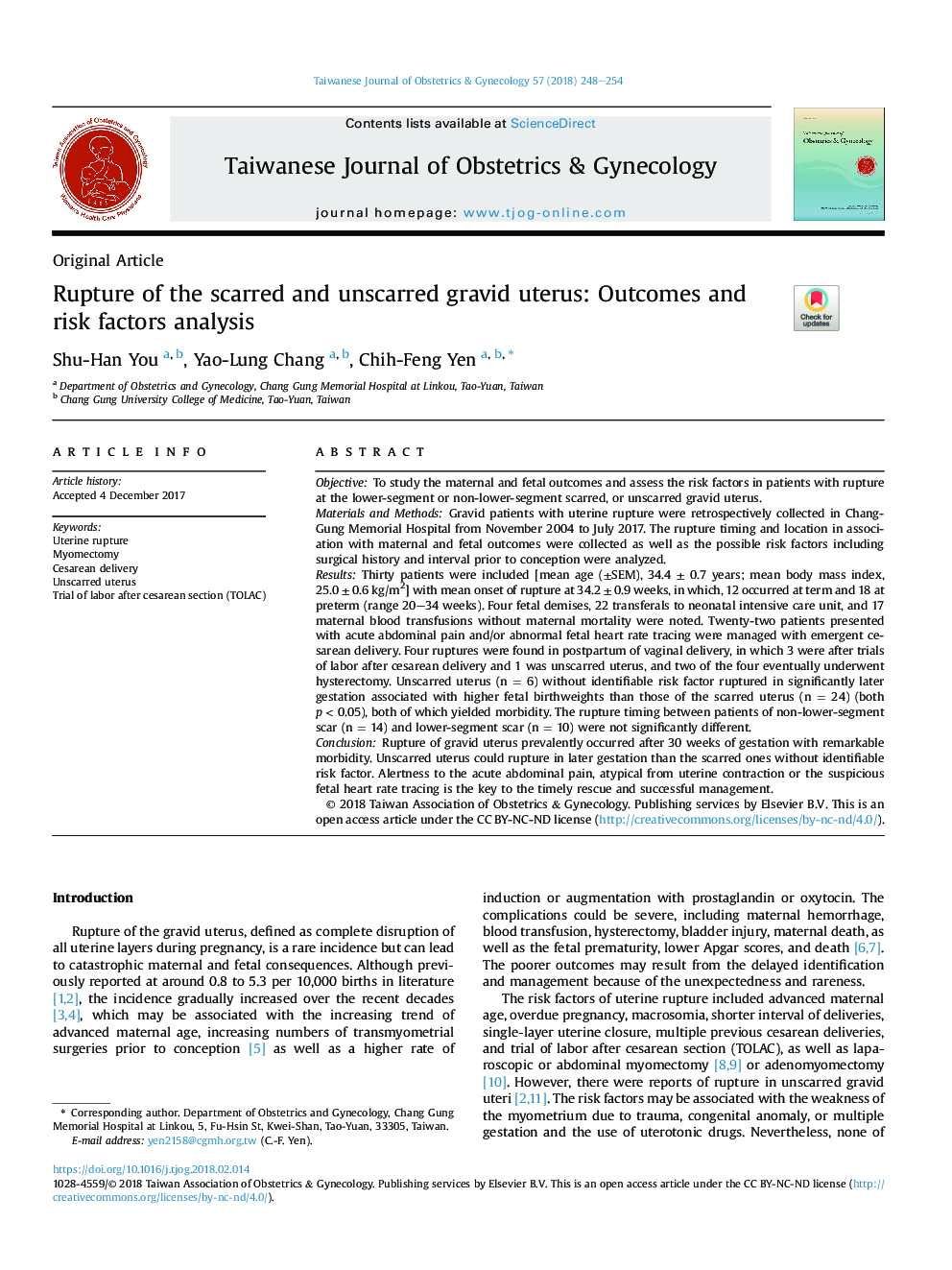 Rupture of the scarred and unscarred gravid uterus: Outcomes and risk factors analysis