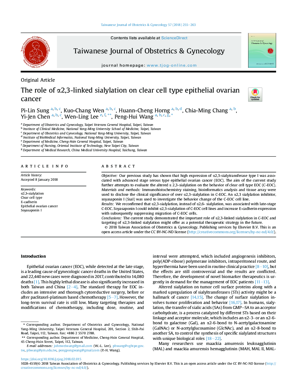 The role of Î±2,3-linked sialylation on clear cell type epithelial ovarian cancer