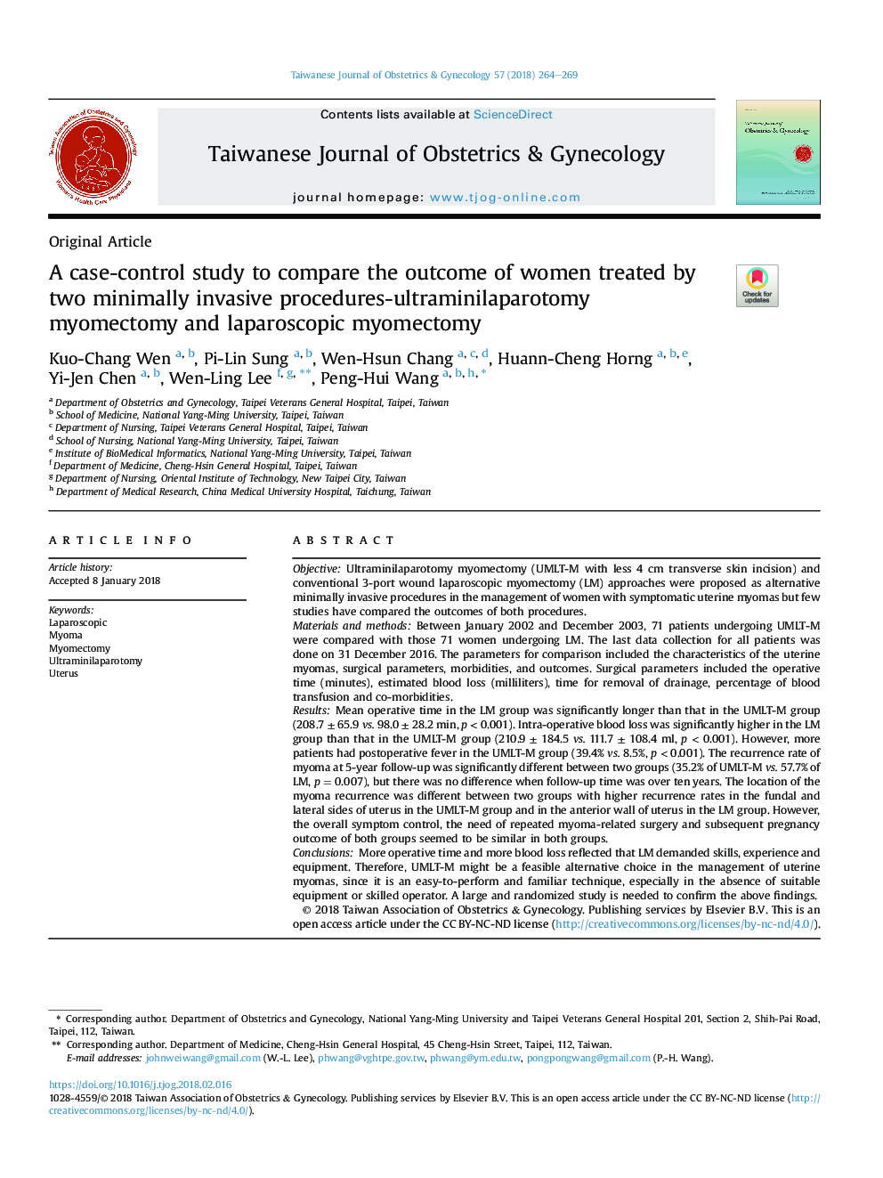 A case-control study to compare the outcome of women treated by two minimally invasive procedures-ultraminilaparotomy myomectomy and laparoscopic myomectomy