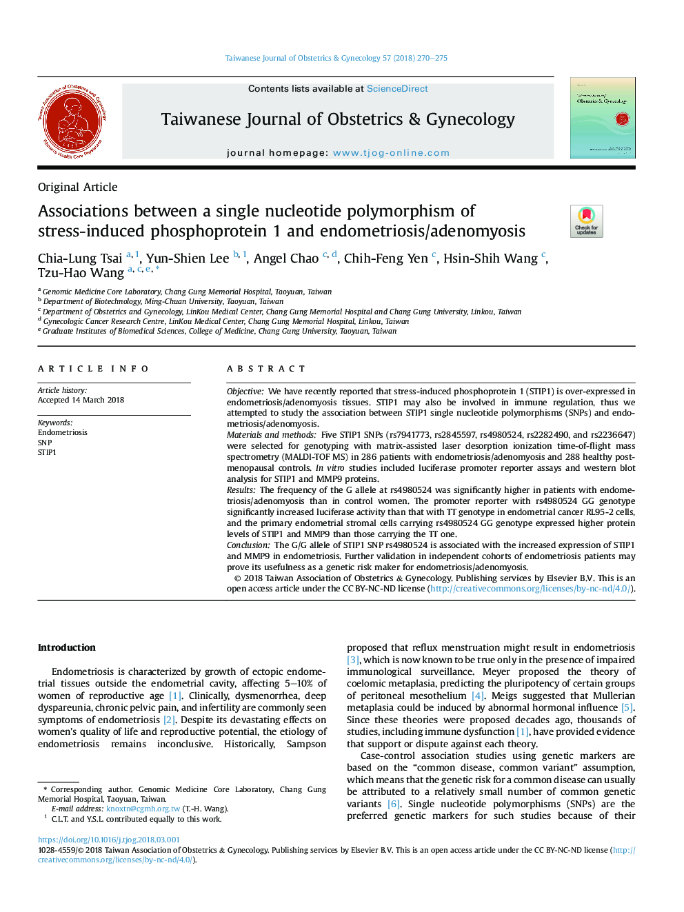 Associations between a single nucleotide polymorphism of stress-induced phosphoprotein 1 and endometriosis/adenomyosis