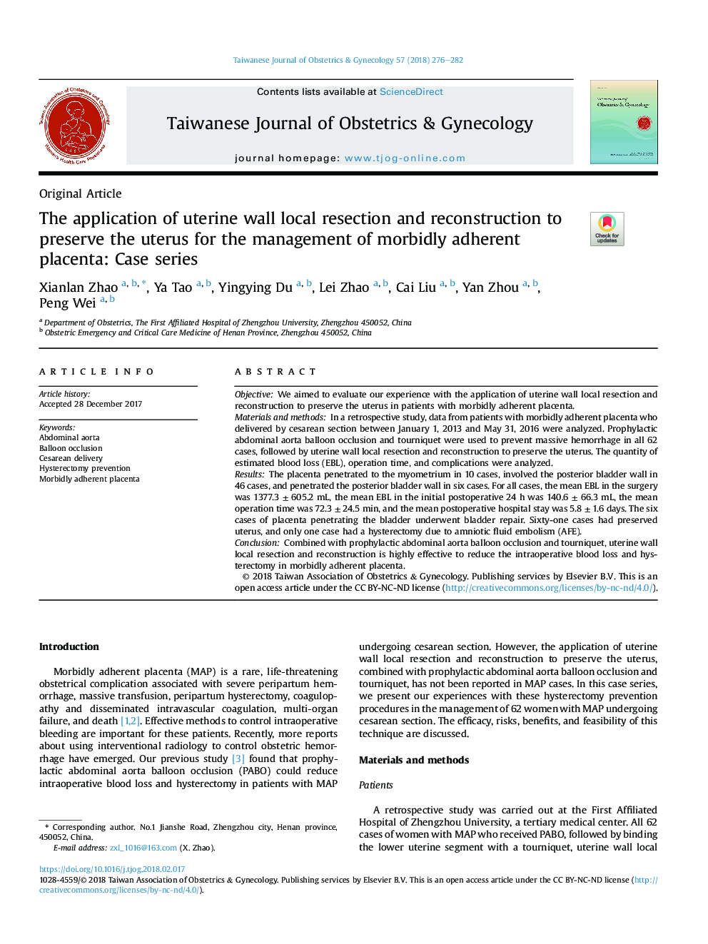 The application of uterine wall local resection and reconstruction to preserve the uterus for the management of morbidly adherent placenta: Case series