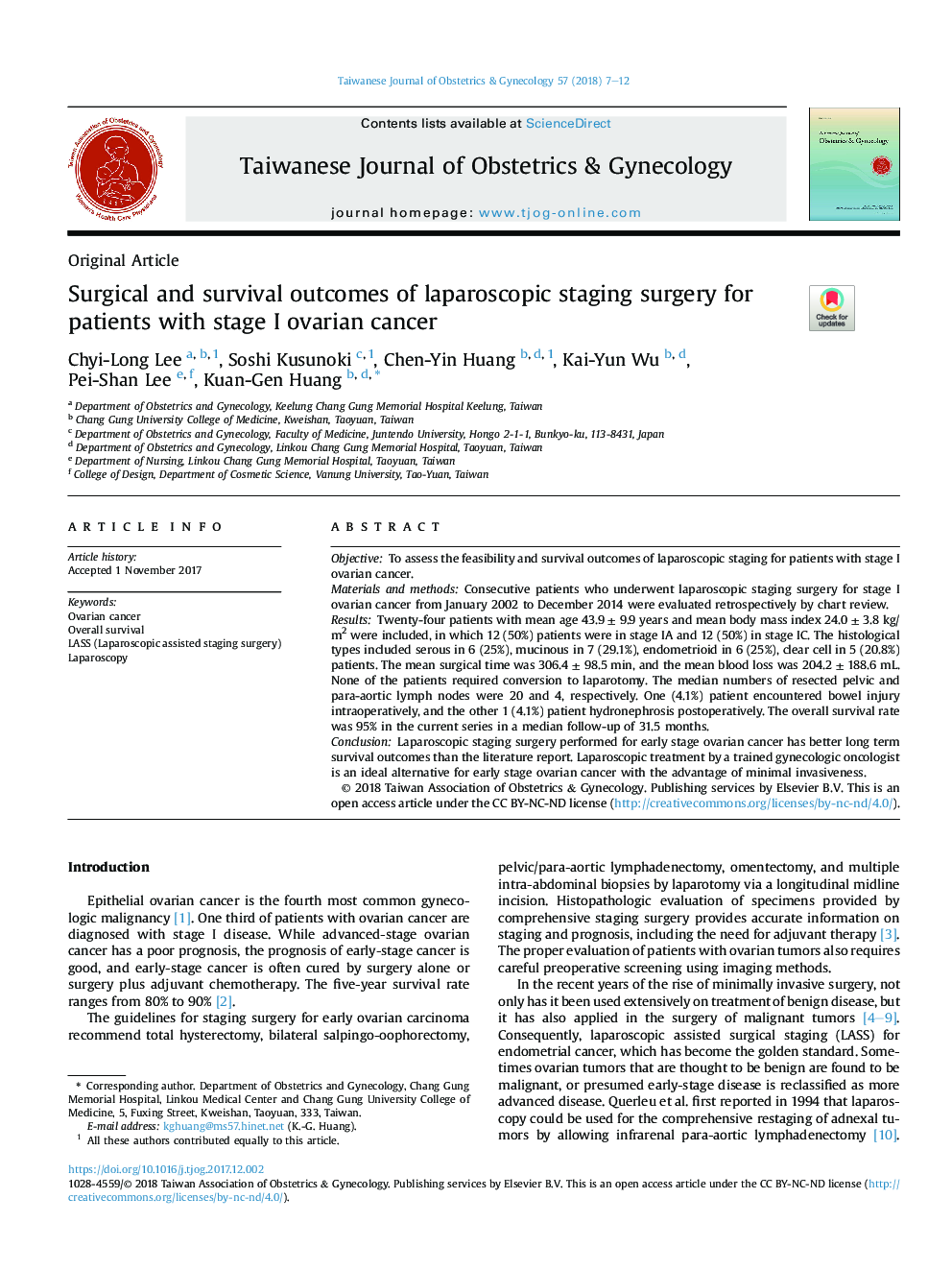 Surgical and survival outcomes of laparoscopic staging surgery for patients with stage I ovarian cancer