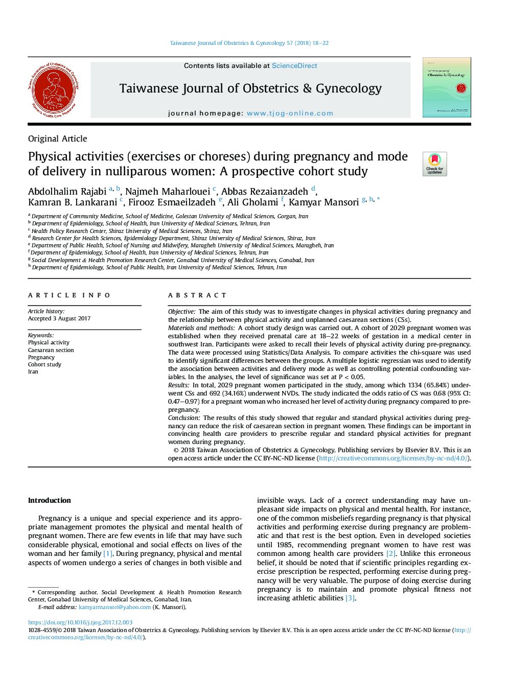 Physical activities (exercises or choreses) during pregnancy and mode of delivery in nulliparous women: A prospective cohort study