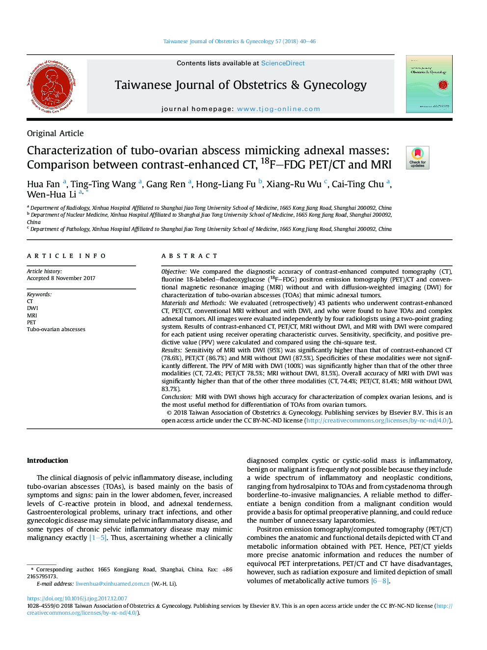 Characterization of tubo-ovarian abscess mimicking adnexal masses: Comparison between contrast-enhanced CT, 18F-FDG PET/CT and MRI