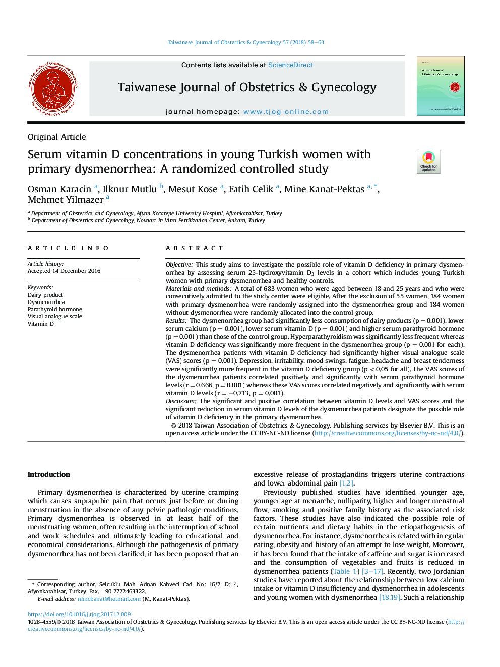 Serum vitamin D concentrations in young Turkish women with primary dysmenorrhea: A randomized controlled study