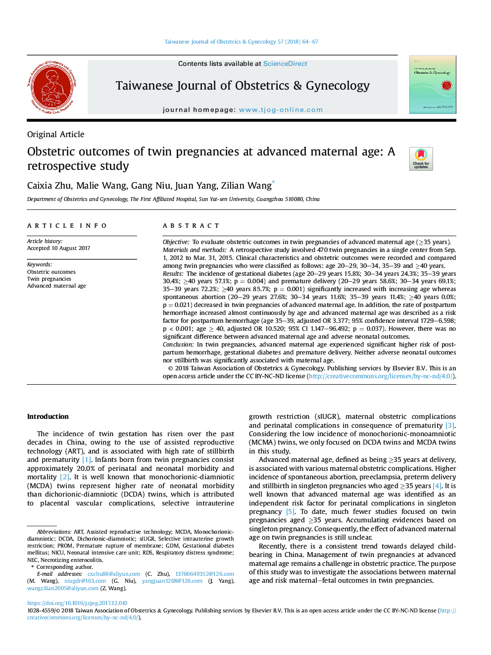 Obstetric outcomes of twin pregnancies at advanced maternal age: A retrospective study