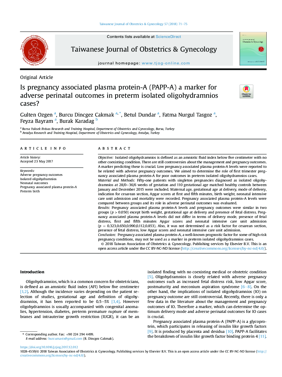 Is pregnancy associated plasma protein-A (PAPP-A) a marker for adverse perinatal outcomes in preterm isolated oligohydramnios cases?