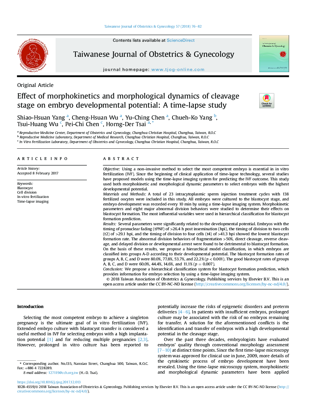 Effect of morphokinetics and morphological dynamics of cleavage stage on embryo developmental potential: A time-lapse study