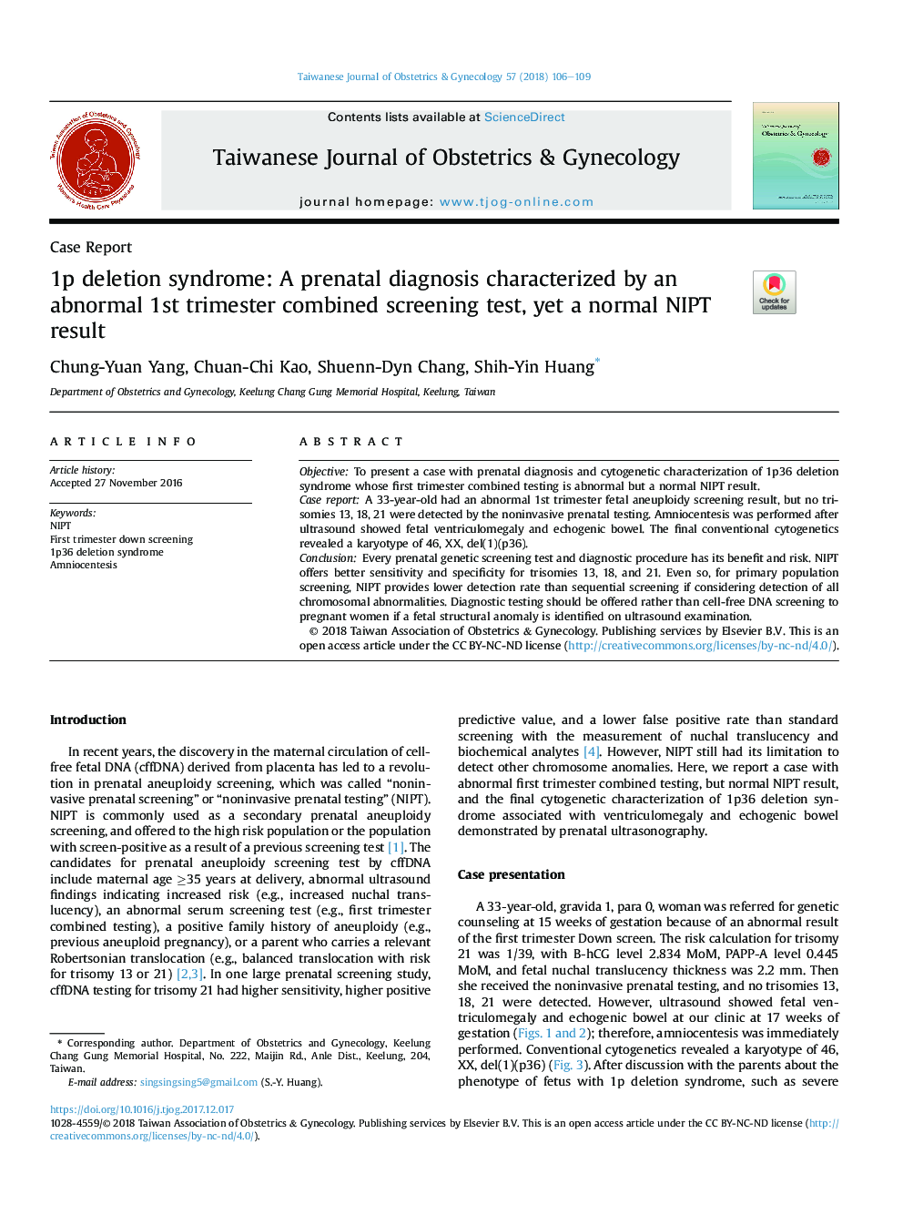 1p deletion syndrome: A prenatal diagnosis characterized by an abnormal 1st trimester combined screening test, yet a normal NIPT result