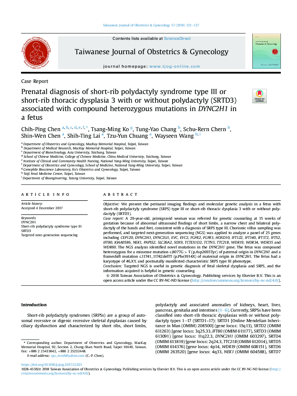 Prenatal diagnosis of short-rib polydactyly syndrome type III or short-rib thoracic dysplasia 3 with or without polydactyly (SRTD3) associated with compound heterozygous mutations in DYNC2H1 in aÂ fetus