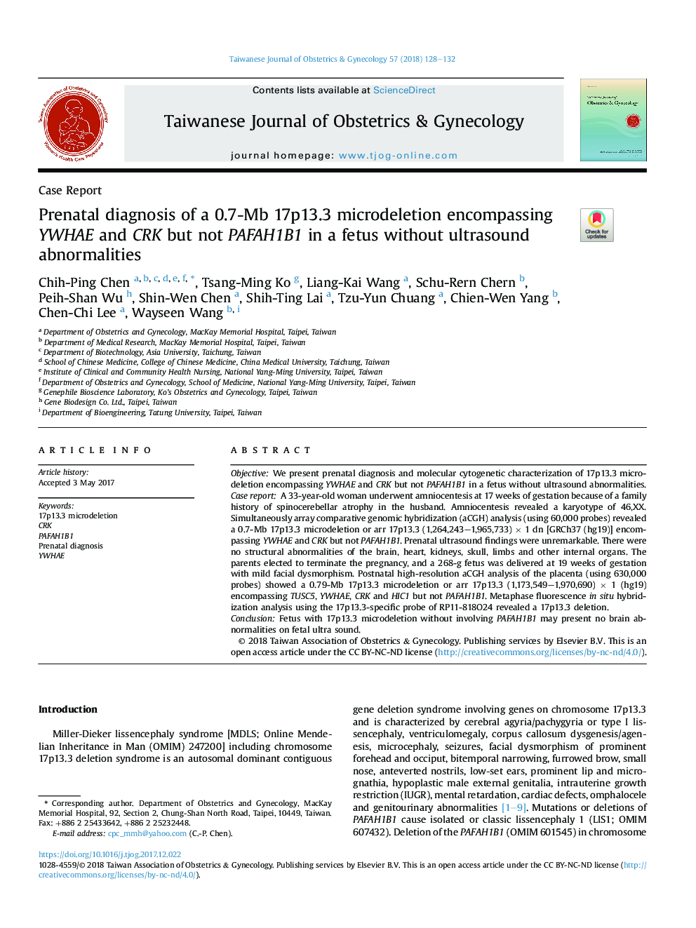 Prenatal diagnosis of a 0.7-Mb 17p13.3 microdeletion encompassing YWHAE and CRK but not PAFAH1B1 in a fetus without ultrasound abnormalities