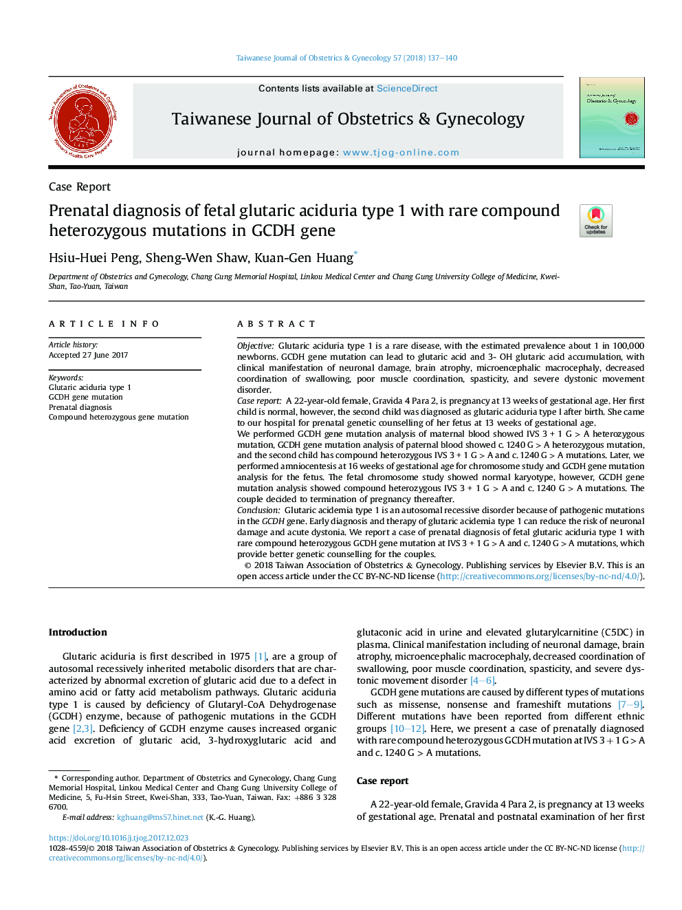 Prenatal diagnosis of fetal glutaric aciduria type 1 with rare compound heterozygous mutations in GCDH gene