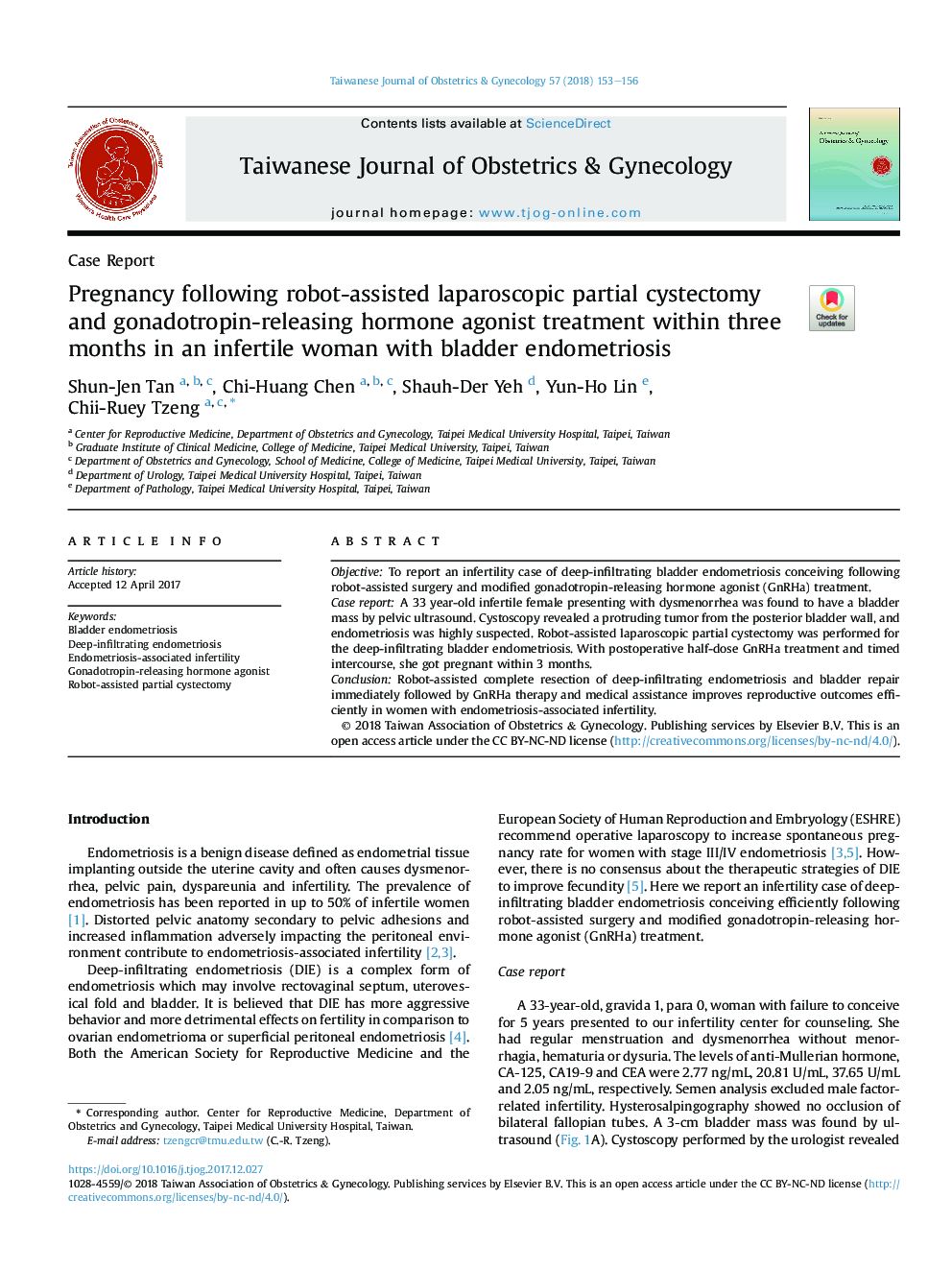 Pregnancy following robot-assisted laparoscopic partial cystectomy and gonadotropin-releasing hormone agonist treatment within three months in an infertile woman with bladder endometriosis