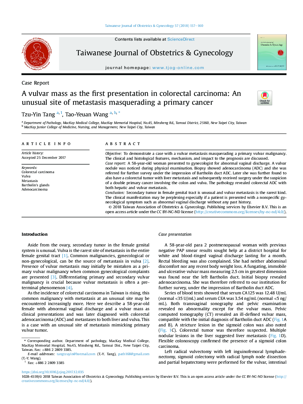 A vulvar mass as the first presentation in colorectal carcinoma: An unusual site of metastasis masquerading a primary cancer