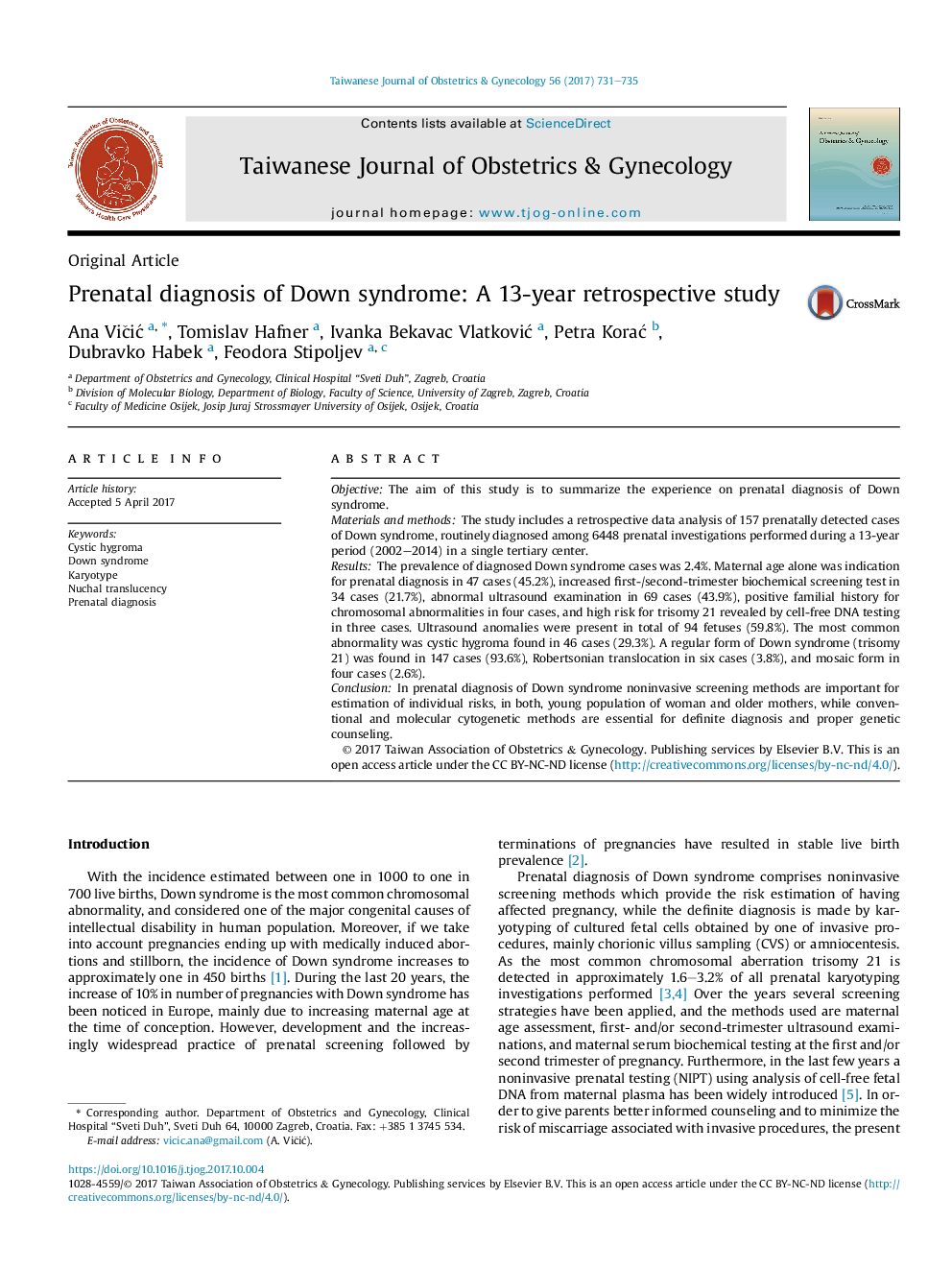 Prenatal diagnosis of Down syndrome: A 13-year retrospective study