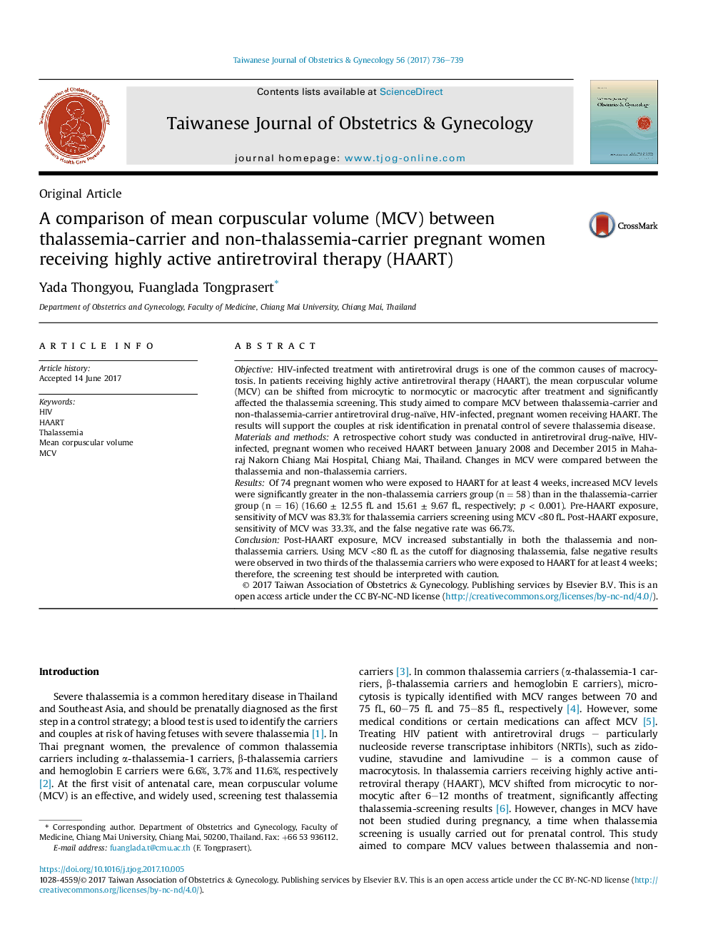 A comparison of mean corpuscular volume (MCV) between thalassemia-carrier and non-thalassemia-carrier pregnant women receiving highly active antiretroviral therapy (HAART)