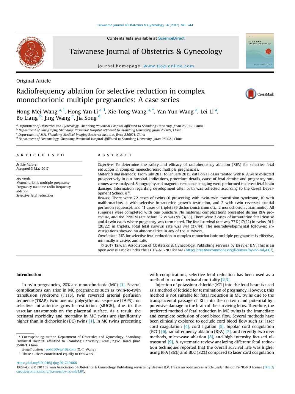 Radiofrequency ablation for selective reduction in complex monochorionic multiple pregnancies: A case series