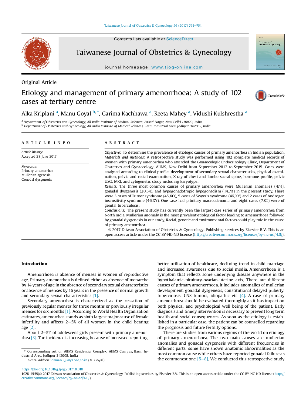 Etiology and management of primary amenorrhoea: A study of 102 cases at tertiary centre