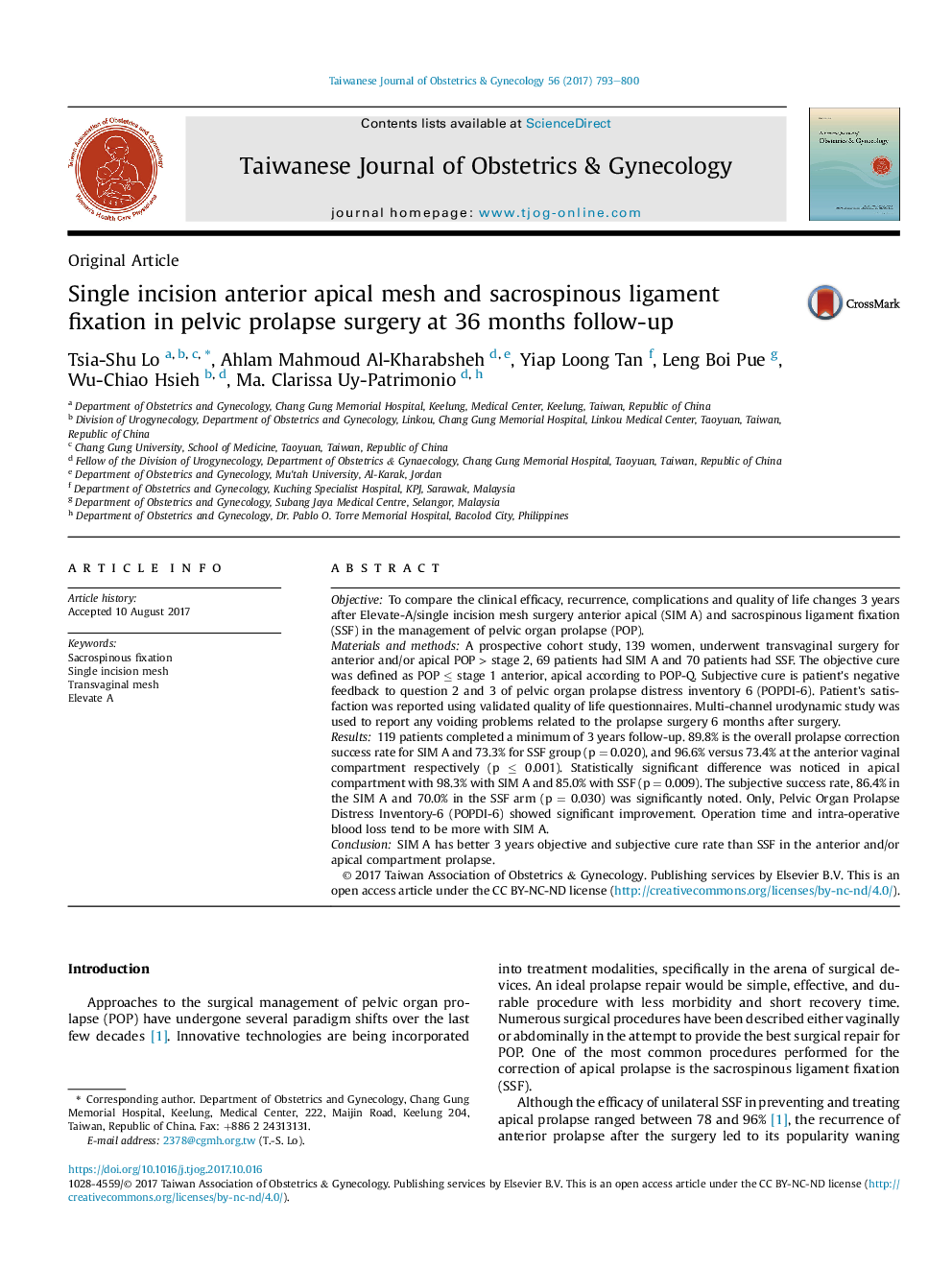 Single incision anterior apical mesh and sacrospinous ligament fixation in pelvic prolapse surgery at 36 months follow-up