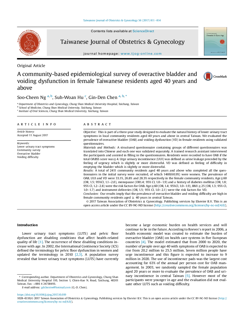 A community-based epidemiological survey of overactive bladder and voiding dysfunction in female Taiwanese residents aged 40 years and above