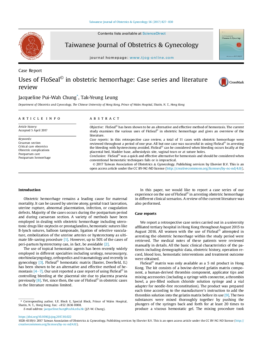 Uses of FloSeal© in obstetric hemorrhage: Case series and literature review