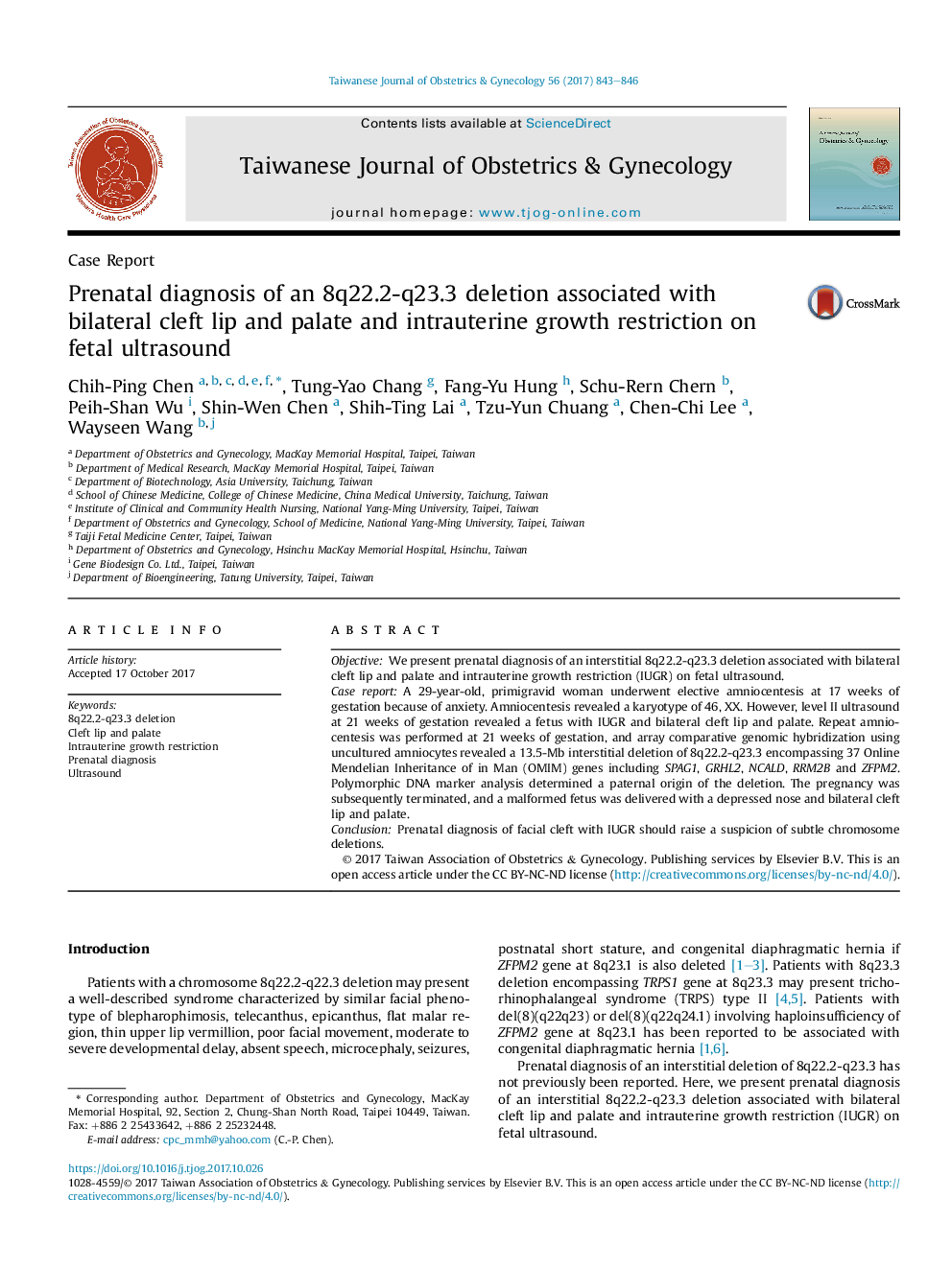 Prenatal diagnosis of an 8q22.2-q23.3 deletion associated with bilateral cleft lip and palate and intrauterine growth restriction on fetal ultrasound