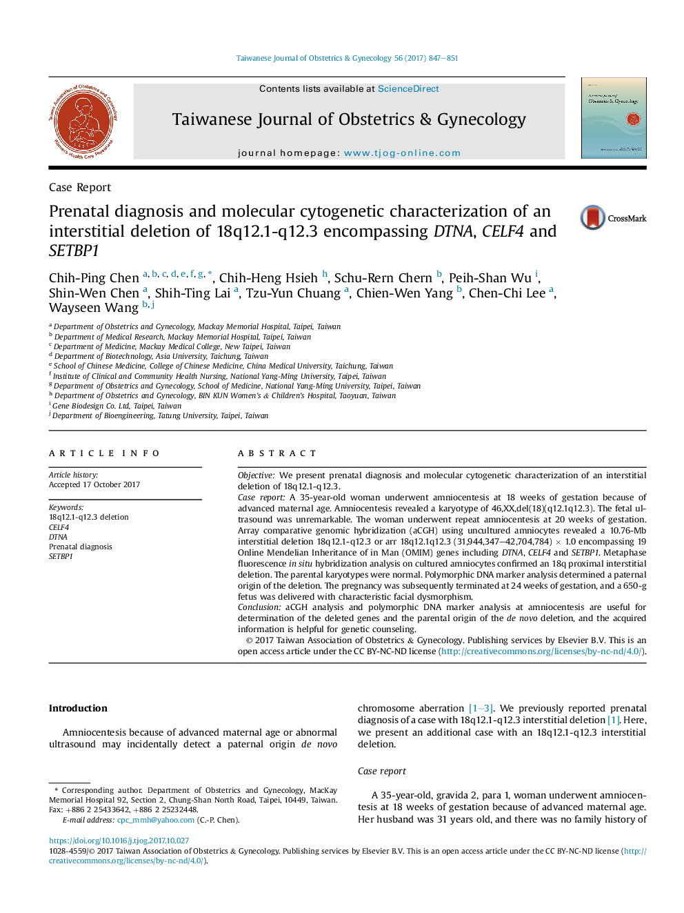 Prenatal diagnosis and molecular cytogenetic characterization of an interstitial deletion of 18q12.1-q12.3 encompassing DTNA, CELF4 and SETBP1