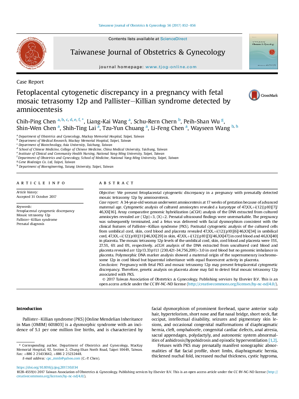 Fetoplacental cytogenetic discrepancy in a pregnancy with fetal mosaic tetrasomy 12p and Pallister-Killian syndrome detected by amniocentesis