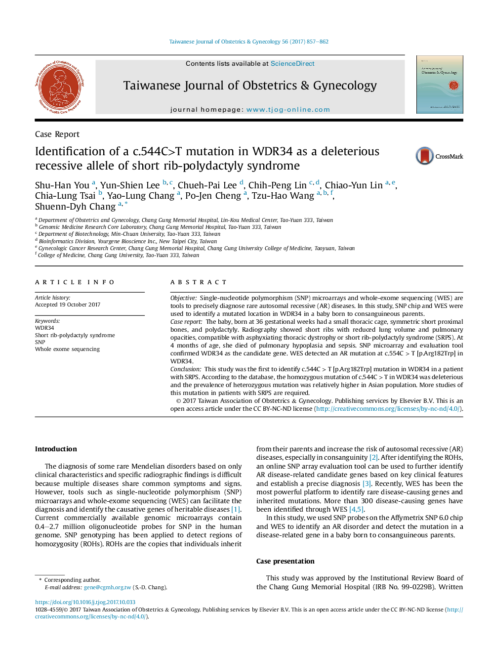 Identification of a c.544C>T mutation in WDR34 as a deleterious recessive allele of short rib-polydactyly syndrome