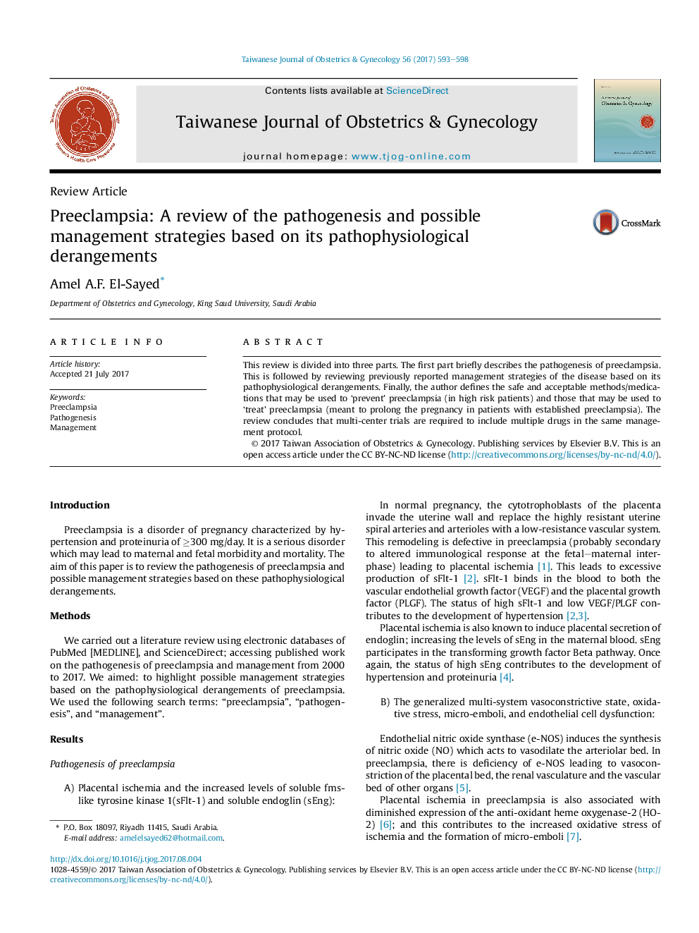 Preeclampsia: A review of the pathogenesis and possible managementÂ strategies based on its pathophysiological derangements