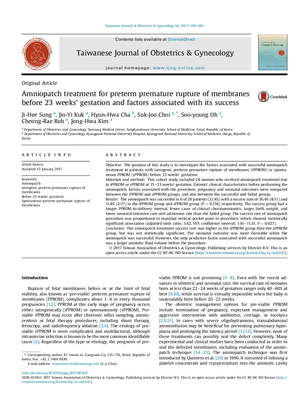 Amniopatch treatment for preterm premature rupture of membranes before 23 weeks' gestation and factors associated with its success