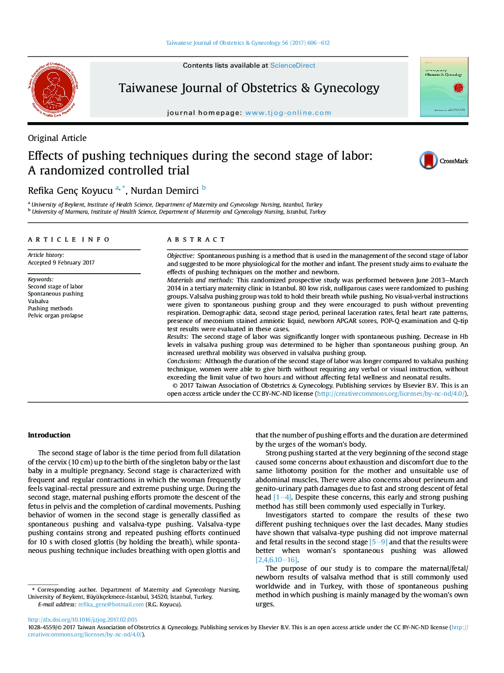 Effects of pushing techniques during the second stage of labor: AÂ randomized controlled trial