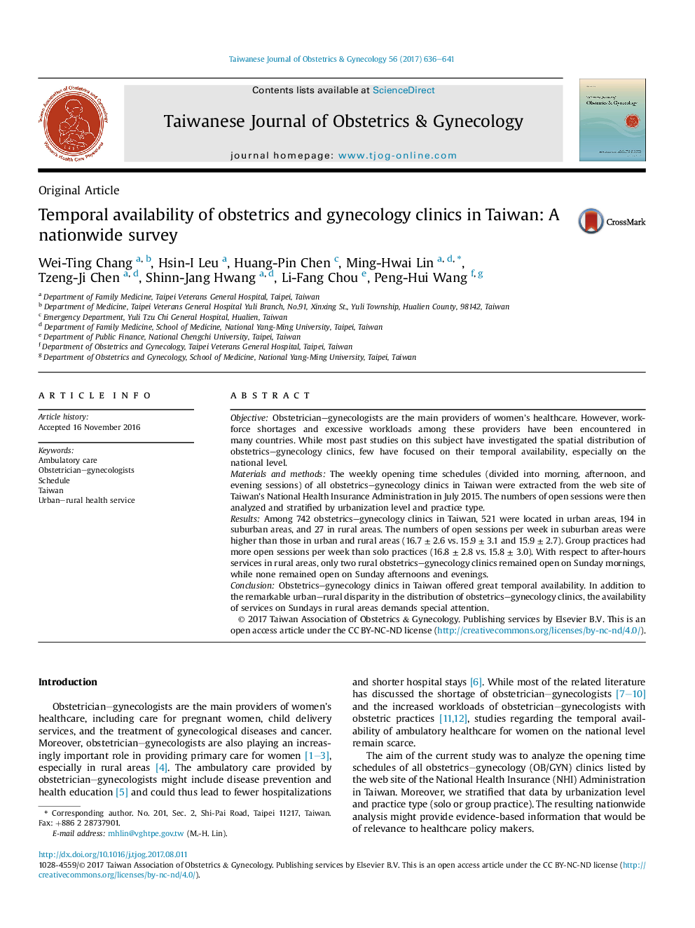 Temporal availability of obstetrics and gynecology clinics in Taiwan: A nationwide survey