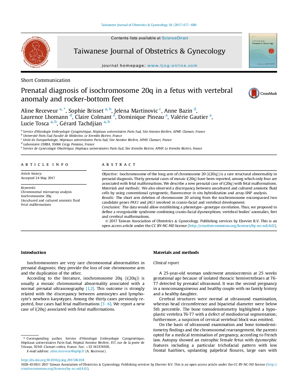 Prenatal diagnosis of isochromosome 20q in a fetus with vertebral anomaly and rocker-bottom feet