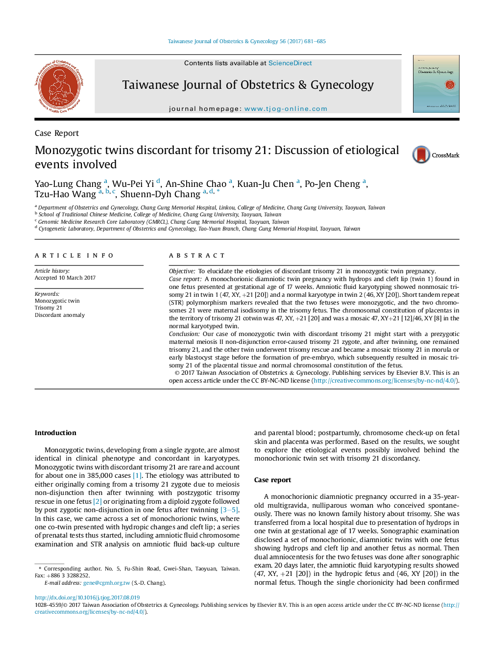 Monozygotic twins discordant for trisomy 21: Discussion of etiological events involved