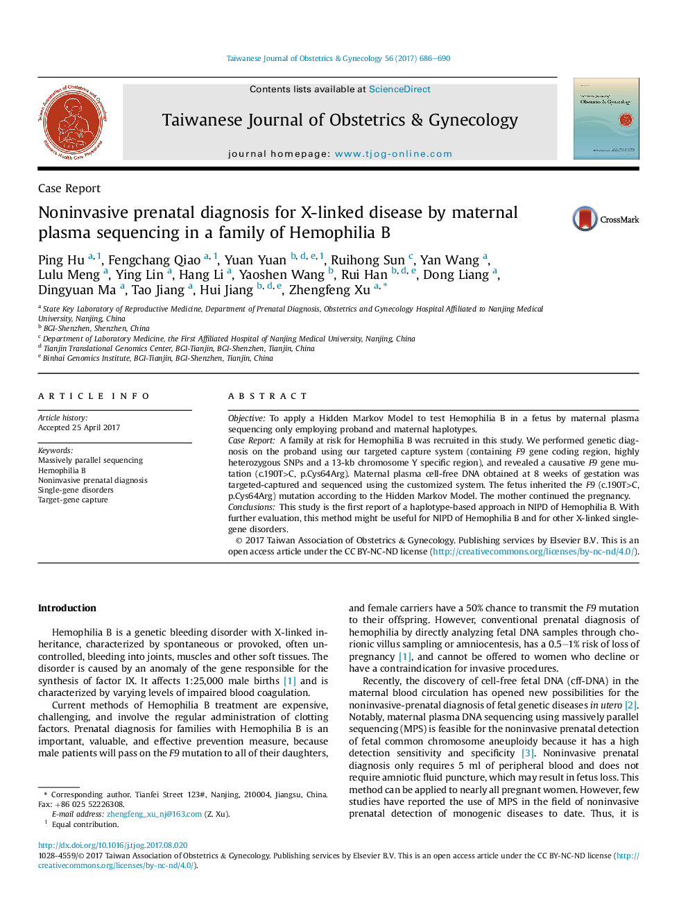 Noninvasive prenatal diagnosis for X-linked disease by maternal plasma sequencing in a family of Hemophilia B