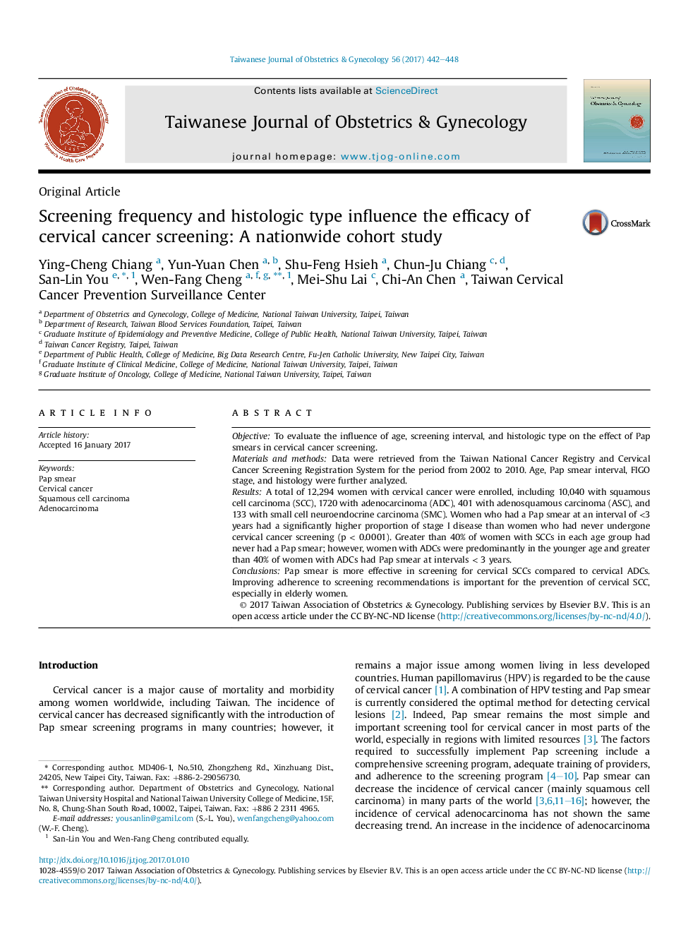 Screening frequency and histologic type influence the efficacy of cervical cancer screening: A nationwide cohort study